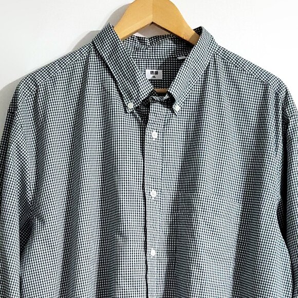 Uniqlo Mens Cotton Long Sleeve Button Up Shirt Size 2XL Dark Green Gingham Check - Picture 3 of 10